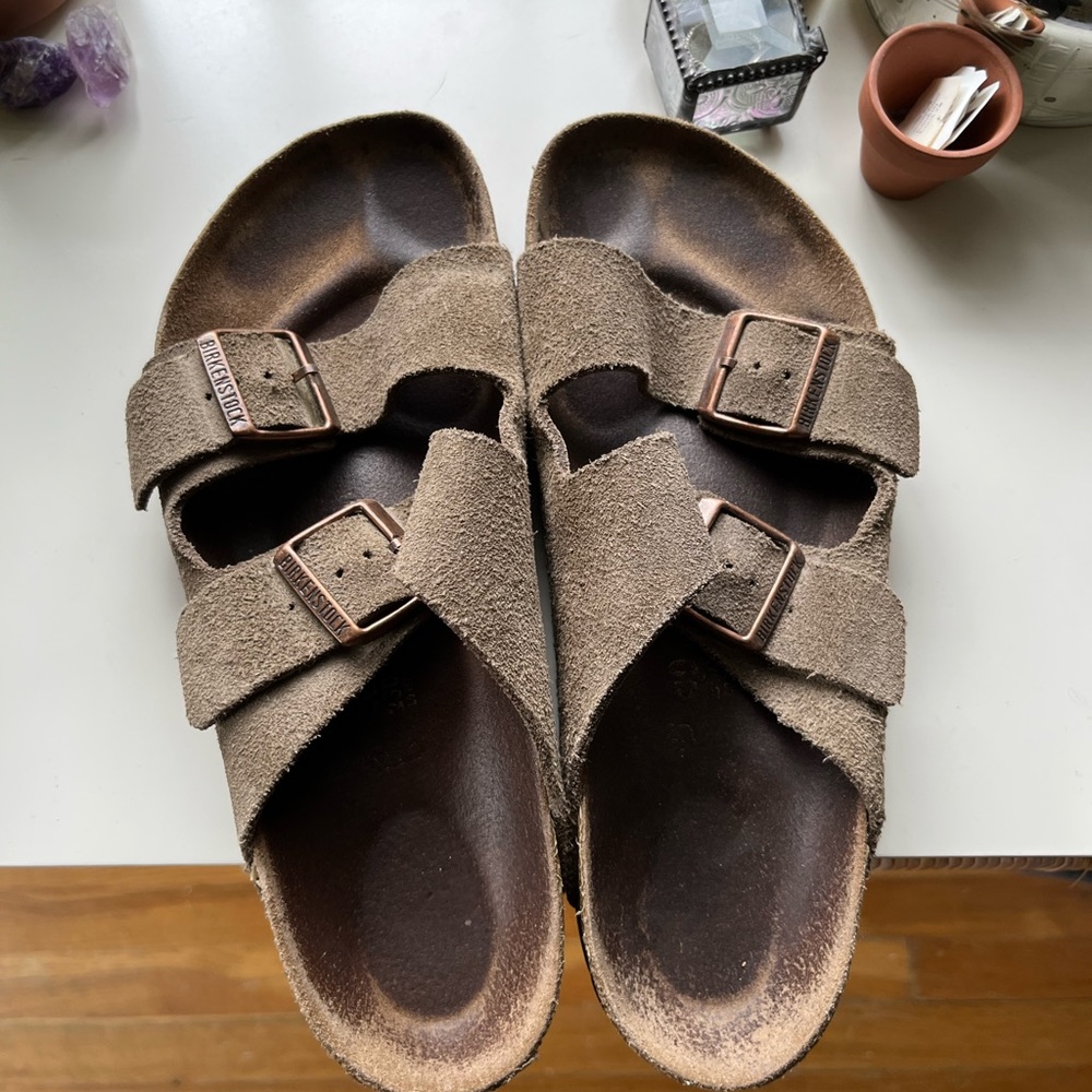 Birkenstocks Arizona Soft Slide Sandal, size 40, color: taupe